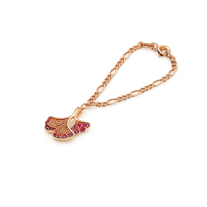 Rose Gold Fan Leaf Charm with Pink Stones