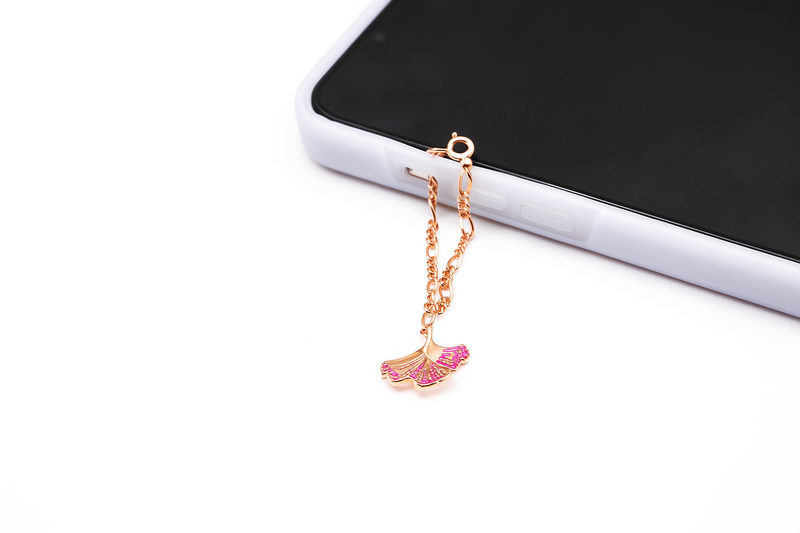 Rose Gold Fan Leaf Charm with Pink Stones