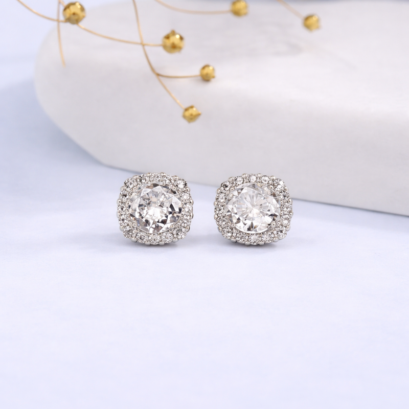 Cushion-Cut Halo Stud Earrings